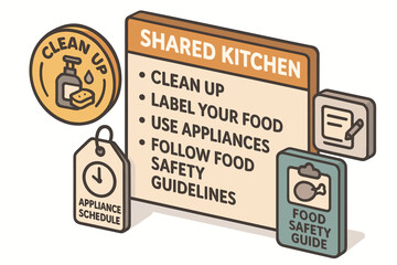Shared kitchen guidelines sign: clean up, labeling, appliance use, food safety tips