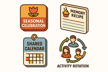 Colorful illustrations highlighting seasonal celebration, memory recipe, shared calendar, and activity rotation