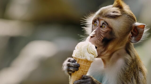Monkey enjoys ice cream on a sunny day in a playful setting