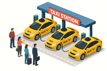 Electric taxis charging at station with people waiting