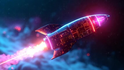 A futuristic neon rocket with circuit board patterns soars through a dark, cloudy cosmos, propelled by a fiery exhaust. - Powered by Adobe