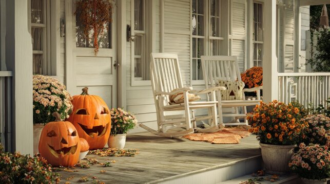 Seasonal allure: artful autumn arrangements and decor. Clean retouch. Spooky and seasonal: jack o' lanterns welcome fall on the porch. Glamour photo. Commercial image.