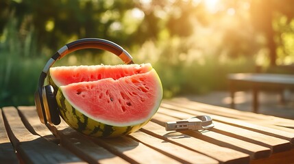 tropical watermelon and electronic headset on a wooden table in sunshine with modern visual composition