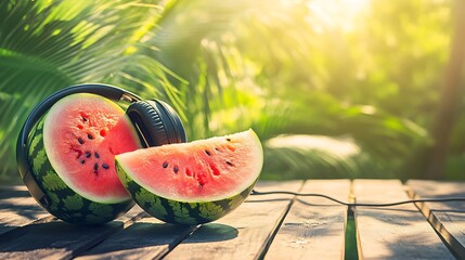 tropical watermelon and electronic headset on a wooden table in sunshine with modern visual composition