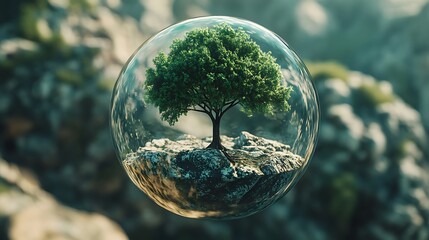 spherical environment containing a tree floating in a clear orb with ethereal visual tone