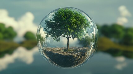 spherical environment containing a tree floating in a clear orb with ethereal visual tone