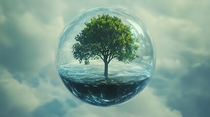 spherical environment containing a tree floating in a clear orb with ethereal visual tone