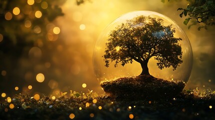 large oak tree inside transparent dome on textured background with warm diffuse glow