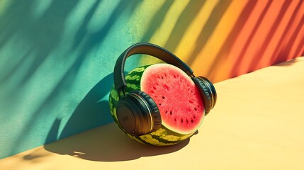 watermelon wearing headphones on a bright outdoor surface featuring vibrant colors and shadows