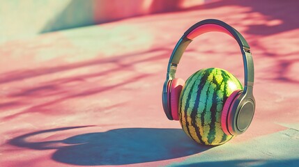 watermelon wearing headphones on a bright outdoor surface featuring vibrant colors and shadows