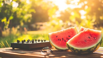 juicy watermelon with audio gear against a summery blurred nature backdrop with soft depth of field and sunlight