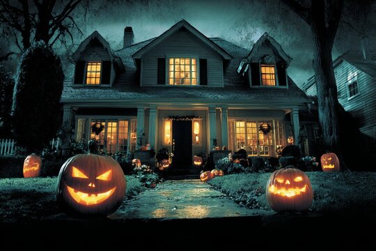 Eerie elegance: festive autumnal glow of halloween night. Drama poster. Night atmosphere with subtle pumpkin hues adorning a charming home. Poster graphics. Advertising photo.