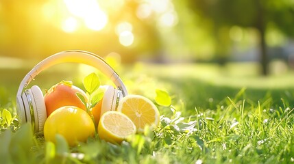 summertime fruit with stylish headphones on green grass under clear sky highlighting texture and contrast