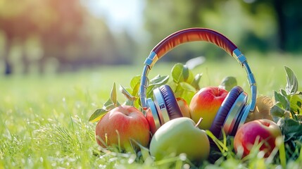 summertime fruit with stylish headphones on green grass under clear sky highlighting texture and contrast