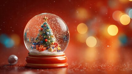 Magical christmas snow globe with miniature decorated tree and presents on a festive glowing red background