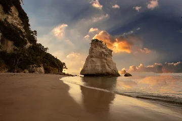 Selbstklebende Fototapeten Dom Bucht Dramatic Golden Sunset at Cathedral Cove Beach with Te Hoho Rock, New Zealand  © liliportfolio