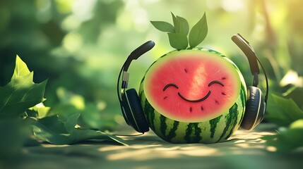 playful watermelon listening to music near leafy garden background capturing joyful summer vibes