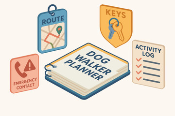 Dog walker planner with route, keys, emergency contact, and activity log icons