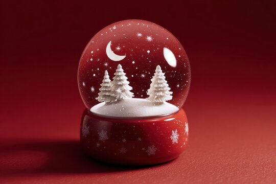 Festive red christmas snow globe with white trees and crescent moon on a dark red background
