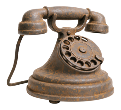 An old, rusty, antique rotary dial telephone in vintage style, showing heavy corrosion and decay, Isolated on Transparent and White Background