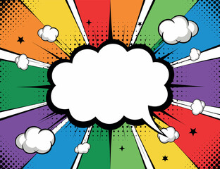 Dynamic Comic Burst with White Speech Cloud in Pop Art Style Bursting with Action