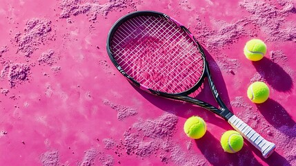 artistic racket and balls on vibrant pink tennis court with powder light accent