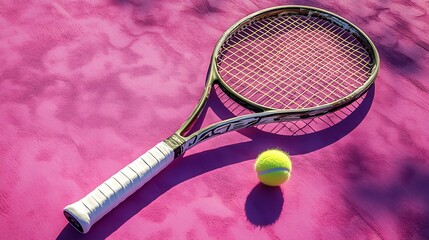 artistic racket and balls on vibrant pink tennis court with powder light accent