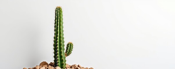 Naklejka premium A solitary green cactus stands tall against a crisp white backdrop, its spiky silhouette defined, succulent, cactus, nature