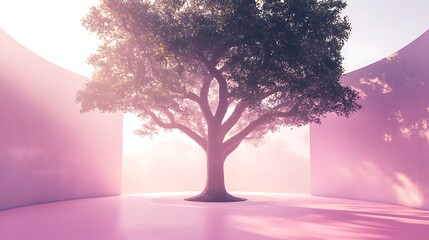 large oak tree inside transparent dome on pink floor with ethereal glow and soft shadows