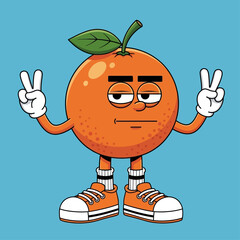 Funny orange fruit mascot with a bored face making peace signs with both hands. Cool citrus character in sneakers, isolated vector illustration