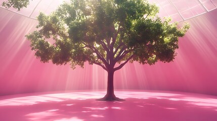 large oak tree inside transparent dome on pink floor with ethereal glow and soft shadows