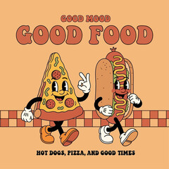 Groovy fast food characters, a walking pizza slice and a hot dog, in a vintage cartoon style. A cheerful and fun illustration celebrating friendship