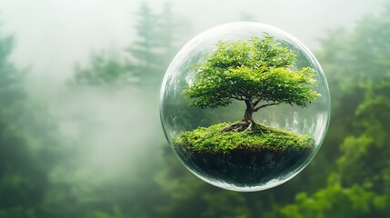 bonsai tree enclosed in a clear sphere in soft fog background with dynamic reflections