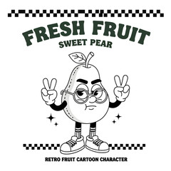 Playful pear fruit mascot character design in a retro black and white cartoon style. Vector graphic of a funny fruit with glasses and sneakers