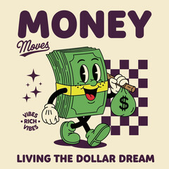 Cheerful retro cartoon money stack character walking with a bag of cash. A vintage-style financial mascot illustration for wealth and success
