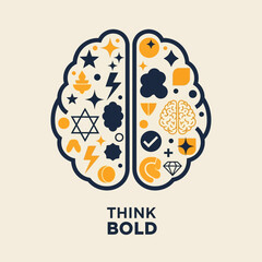 Conceptual graphic of dual-hemisphere brain processing diverse information, symbolizing creative intelligence and bold problem-solving