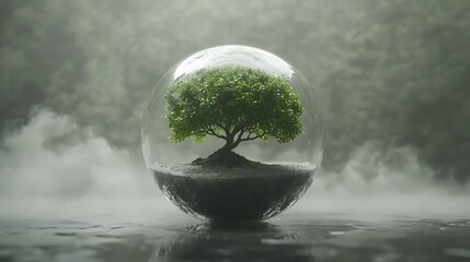 bonsai tree enclosed in a clear sphere in soft fog background with dynamic reflections