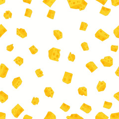 Playful seamless pattern featuring cartoon Swiss cheese pieces floating randomly on a white background. A fun vector food illustration for culinary design