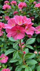 Delicate pink tea rosebush blooms vibrantly against a lush green backdrop, showcasing nature's beauty, shrub, botanical, natural beauty