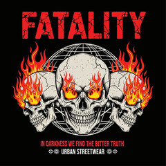 Aggressive urban streetwear t-shirt illustration featuring a trio of burning skulls in front of a wireframe globe with a dark apocalyptic theme