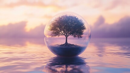 magical tree preserved in a floating orb on pastel ground with dramatic soft shadows