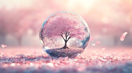 magical tree preserved in a floating orb on pastel ground with dramatic soft shadows
