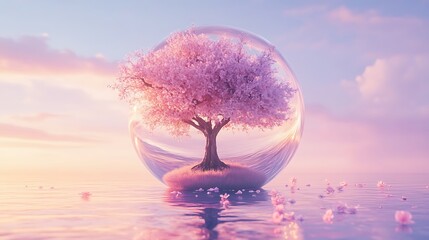 magical tree preserved in a floating orb on pastel ground with dramatic soft shadows
