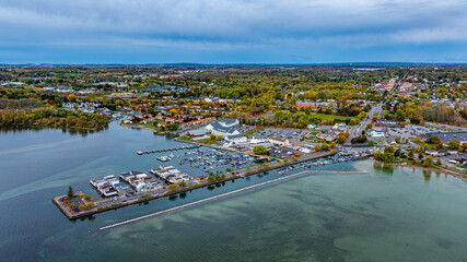 Canandaigua, NY, USA - October 17, 2025: Aerial photo over Canandaigua City Pier, Downtown Canandaigua New York