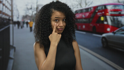 Woman in black sleeveless top touches eye with finger along busy street with red bus behind her;...