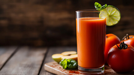 Fototapeta premium Refreshing vegetable juice in a clear glass on a wooden surface, adorned with a lime slice and mint leaf, complemented by fresh tomatoes and apple slices, embodying healthy indulgence.