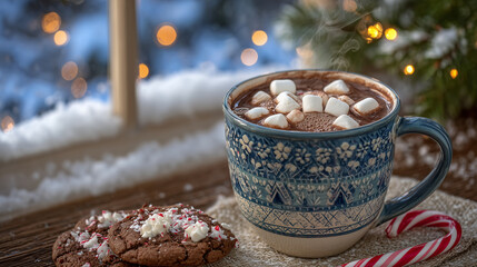 Winter holiday still life with steaming rustic mug of cocoa, melting marshmallows, snow-dusted window in background, cookies and candy canes adding festive charm