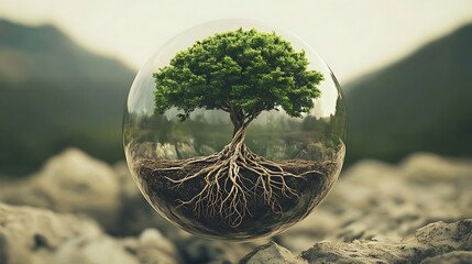tree with roots wrapping inside a glass sphere in soft light space with subtle harmony