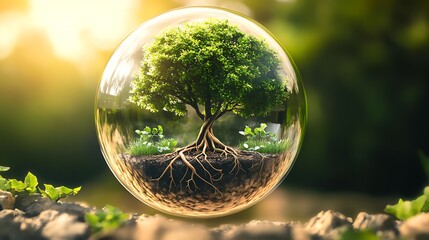 tree with roots wrapping inside a glass sphere in soft light space with subtle harmony