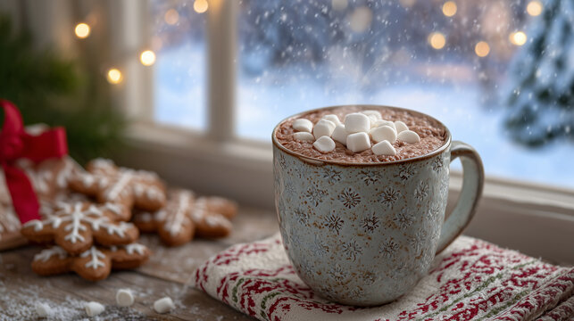Steaming cup of hot cocoa in rustic ceramic mug near frosty window, marshmallows melting slowly, snow falling outside, surrounded by gingerbread cookies and red ribbon dÃ©cor - Powered by Adobe